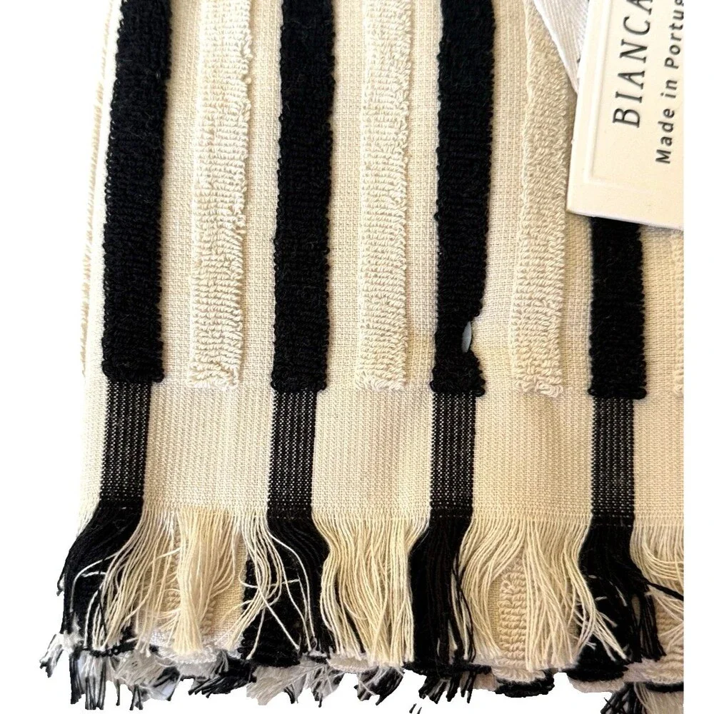 Bianca Hand Towels Set of 2 Luxury Ivory Black Stripe Made in Portugal Textured